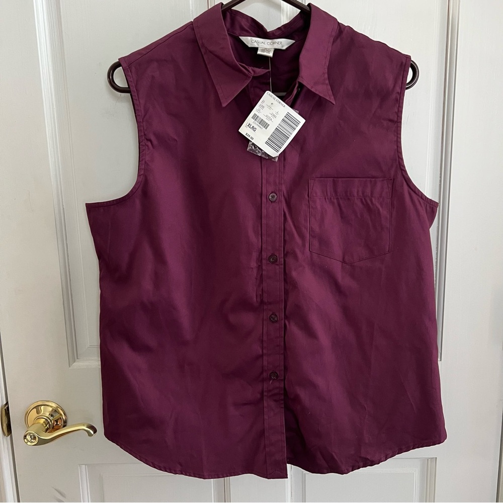 NEW Womens CASUAL CORNER Plum Button Down Sleeveless Top 100% Cotton Size XL
